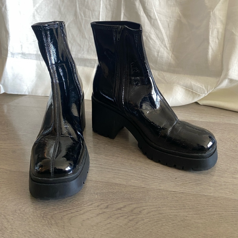 Jeffrey Campbell Lug Ankle Boot 
Black Patent Leather